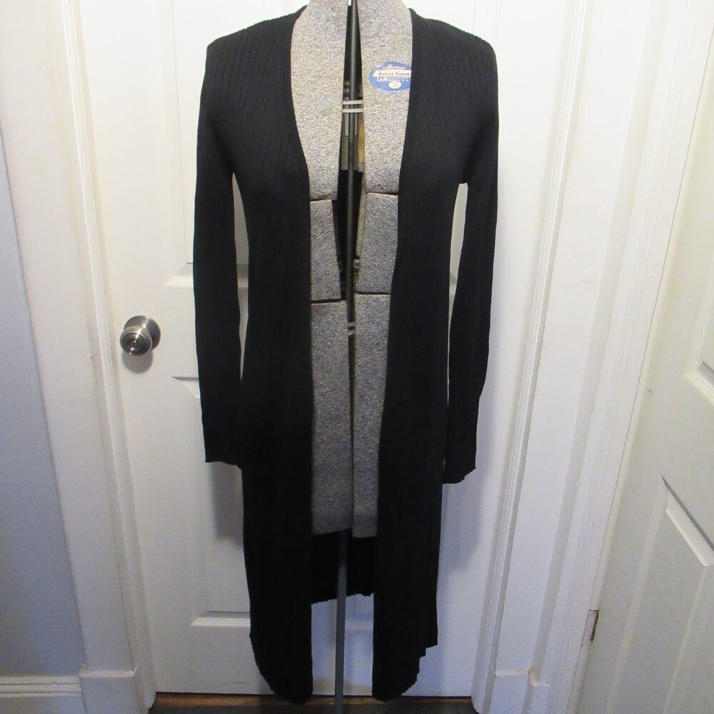 NWT Joan Vass New York Long Black Ribbed Open Front Cardigan Sweater Size Medium